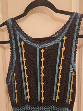 Black and Teal Sleeveless Knit/Crochet Dress with Mustard Yellow/Gold Accents